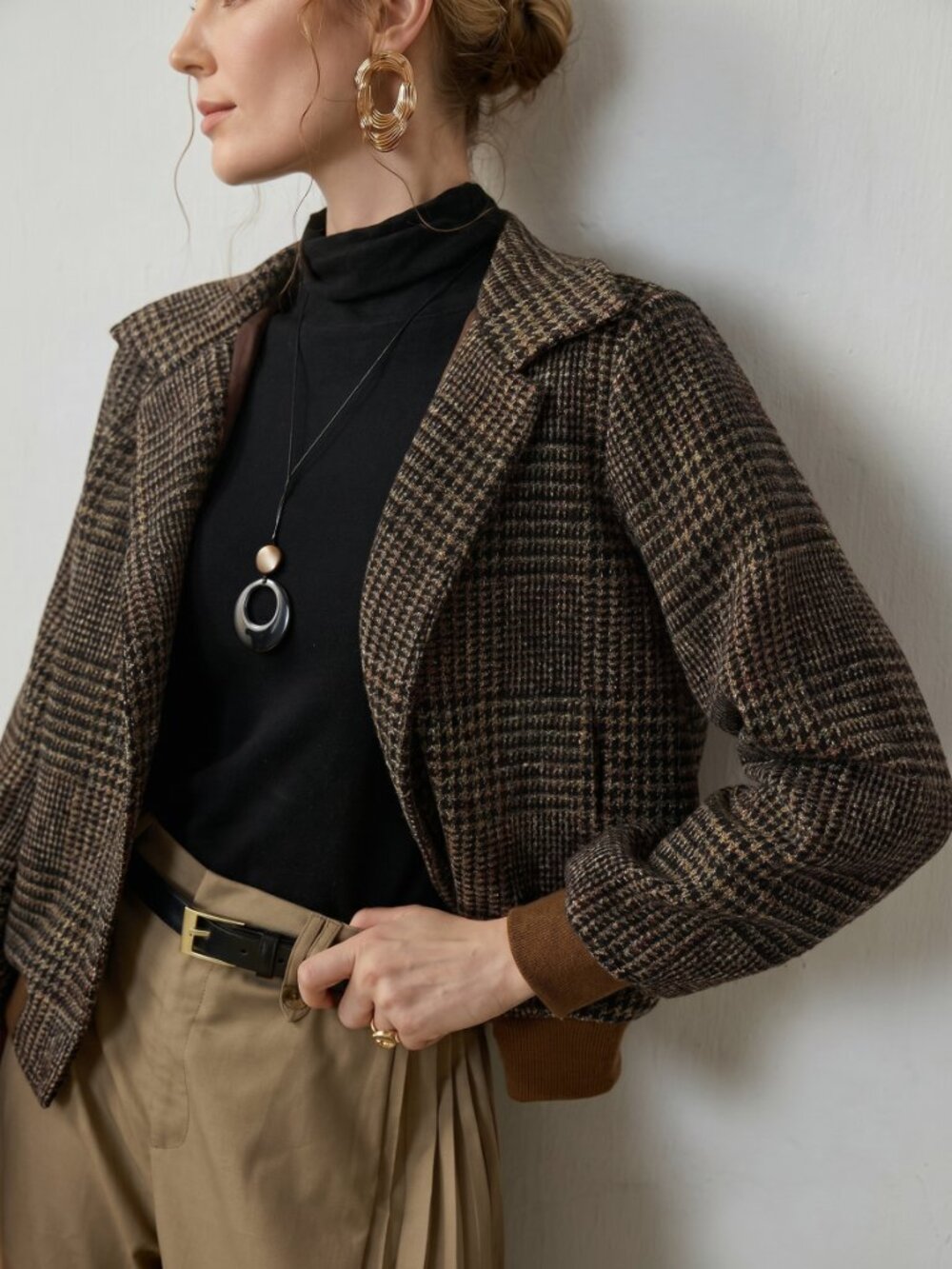 Women’s Vintage Plaid Button Jacket Chic Long Sleeve Casual Office Coat - Picture 5 of 10
